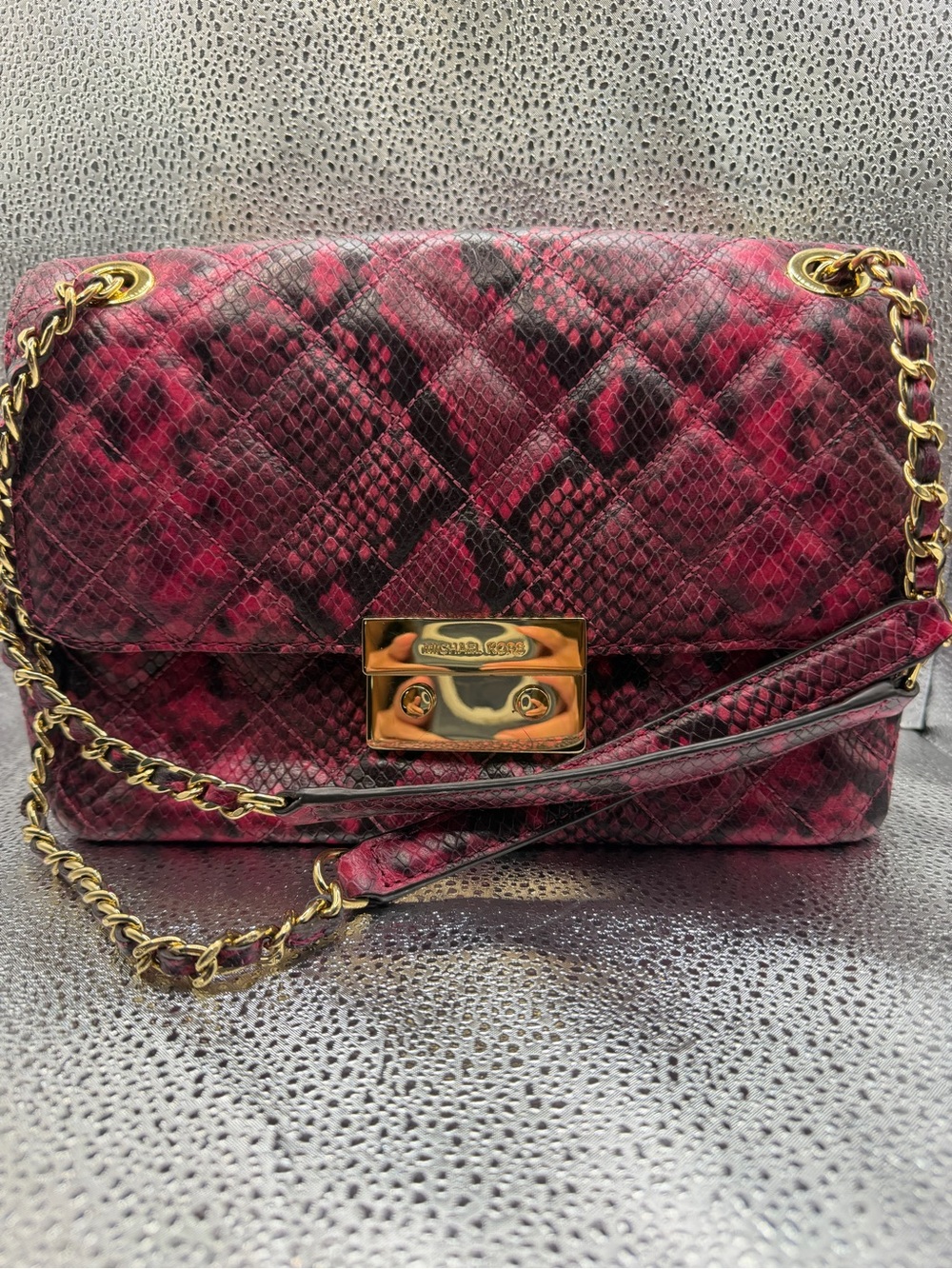 Michael Kors Sloan Large Quilted Fuscia Python Embossed Leather Shoulder Bag